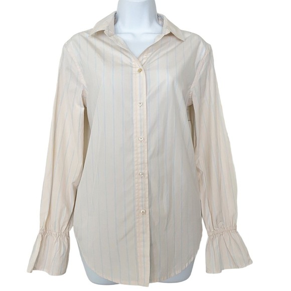 Frame Denim Bell Sleeve Button Down Shirt Light Light Pink w Blue Stripes XS - Picture 1 of 10